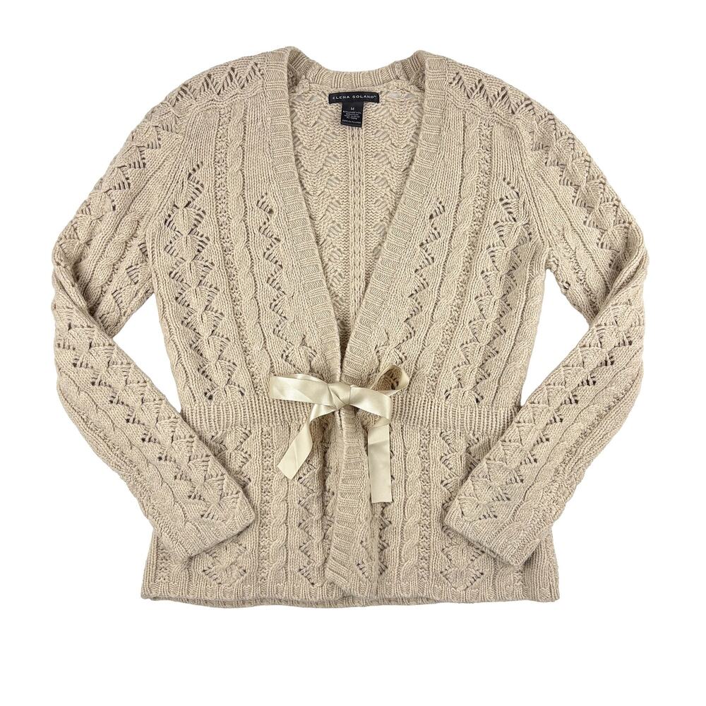 Elena Solano Cable Knit Cardigan Womens M Beige Wool Blend Coquette Ribbon Tie